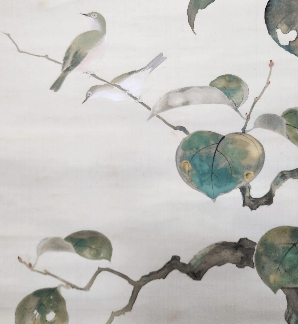 【柿に鳥(実の秋)図】永田春水 2663 カキ 共箱 掛け軸 肉筆