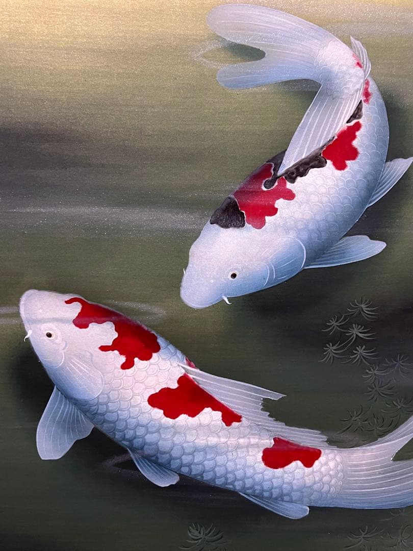 国井幸雪『遊鯉』 肉筆 共箱 日本画 掛け軸 掛軸 金泥 絵画 茶掛 錦鯉 こい
