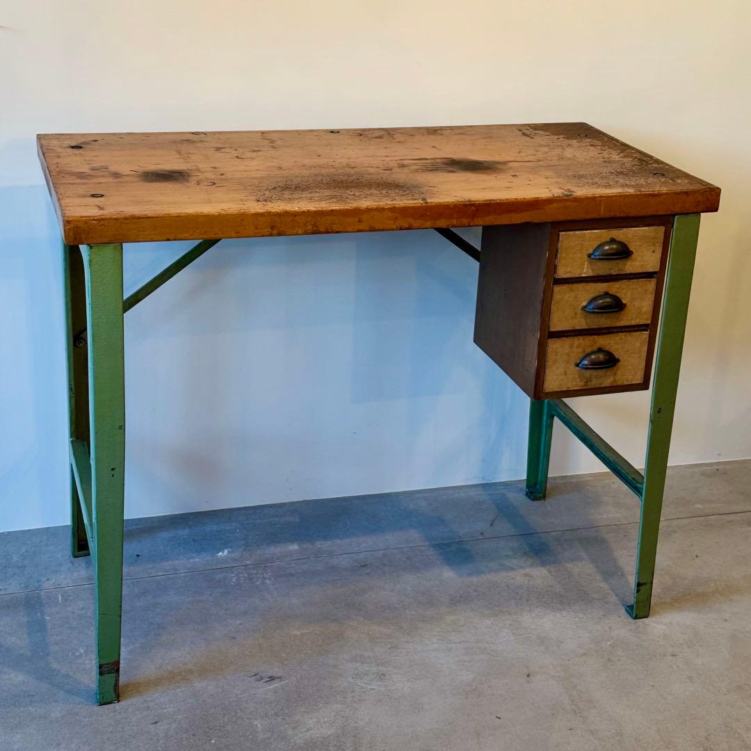 ヴィンテージ インダストリアルデスク｜木製天板×金属脚 引き出し付き