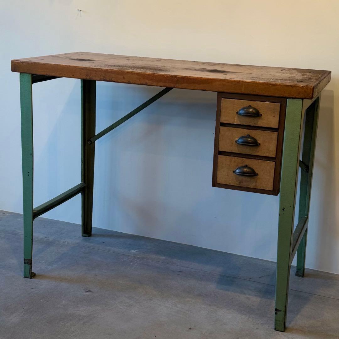 ヴィンテージ インダストリアルデスク｜木製天板×金属脚 引き出し付き