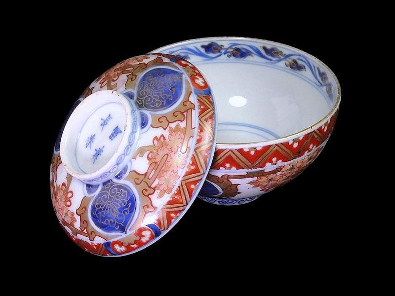 古伊万里　金襴手　桜花紋に光背の図　大振蓋茶碗　AS-DBz