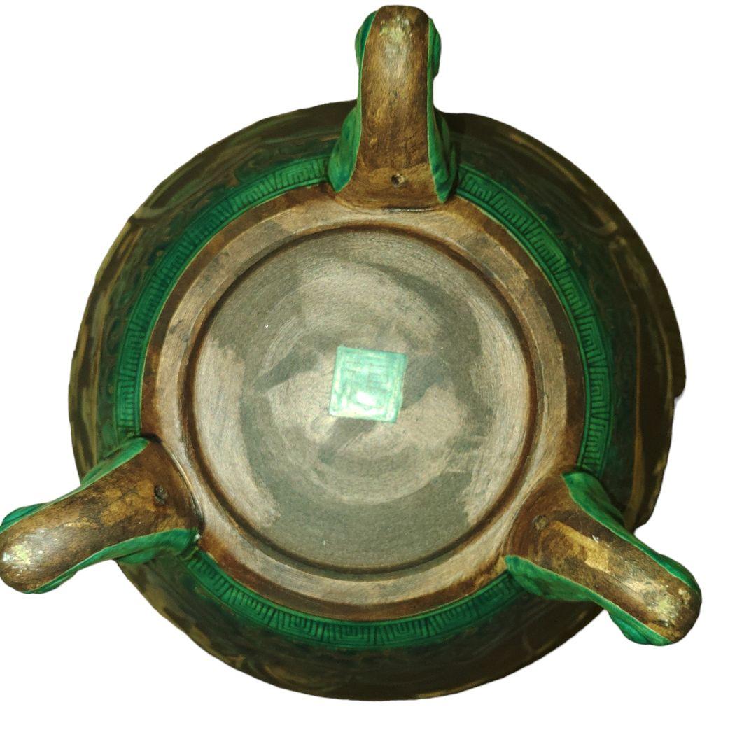 古青手九谷焼　緑釉獅子付香炉　高さ35cm