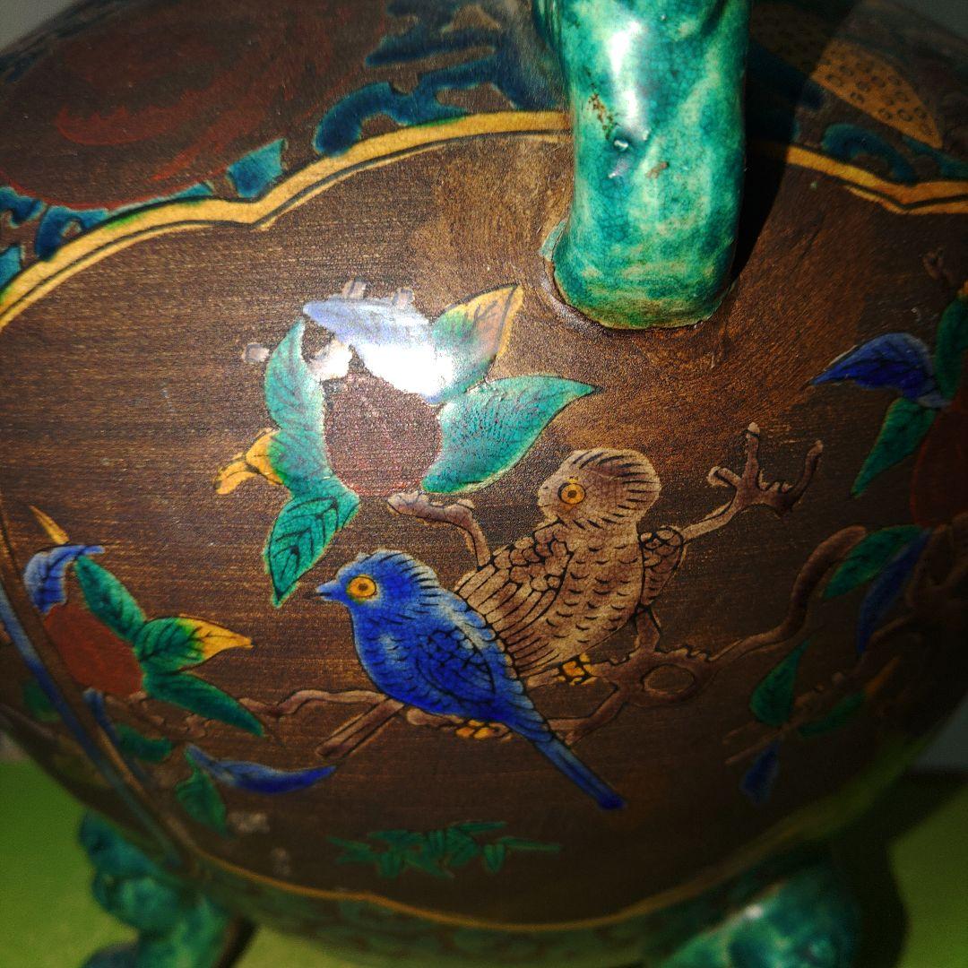 古青手九谷焼　緑釉獅子付香炉　高さ35cm