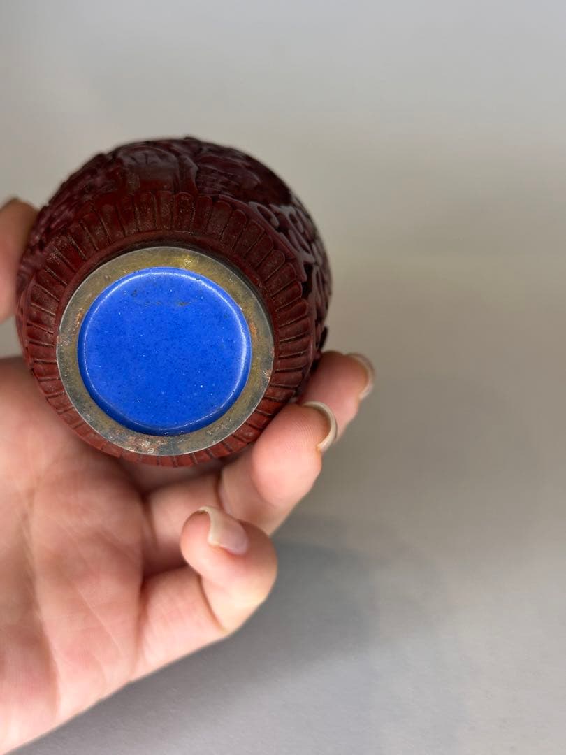 民国時代 剔紅 堆朱 壺 茶入 蓋付 彫漆文 時代物 中国古美術