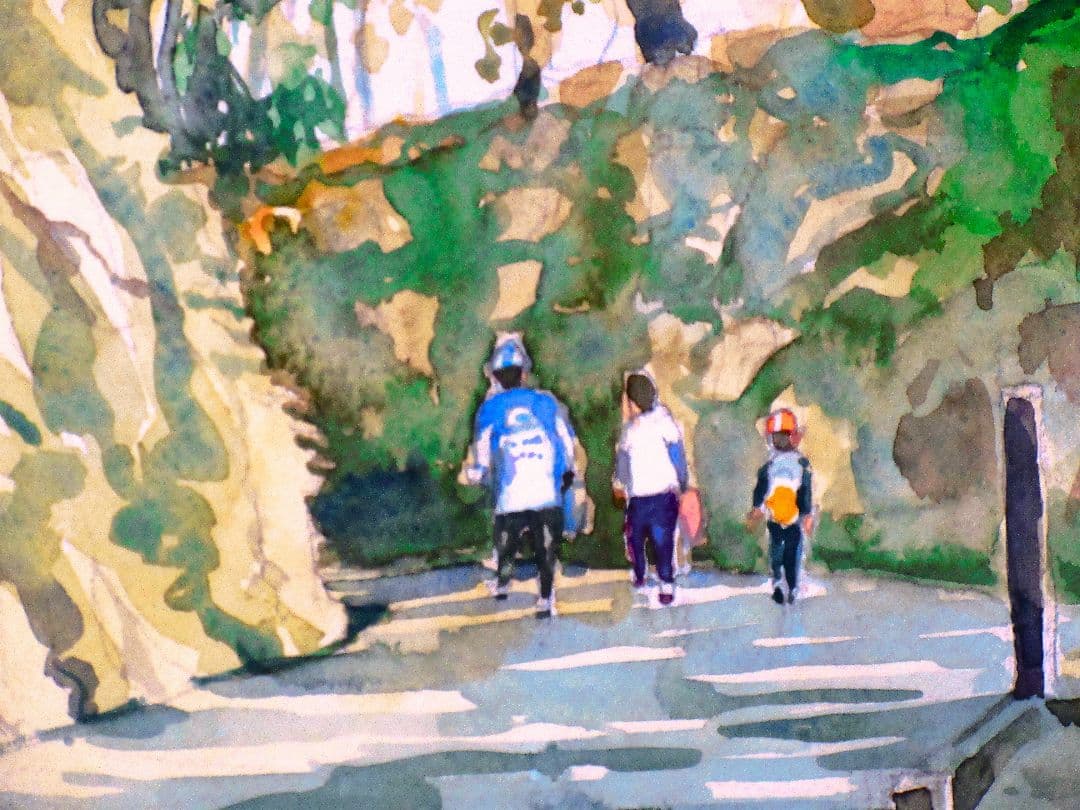 水彩画 家族連れの風景画 木製フレーム付き