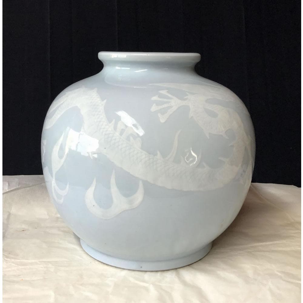 p001 京焼 青磁 龍紋 壺 渓山 銘 高さ22.5cm 壷 花器