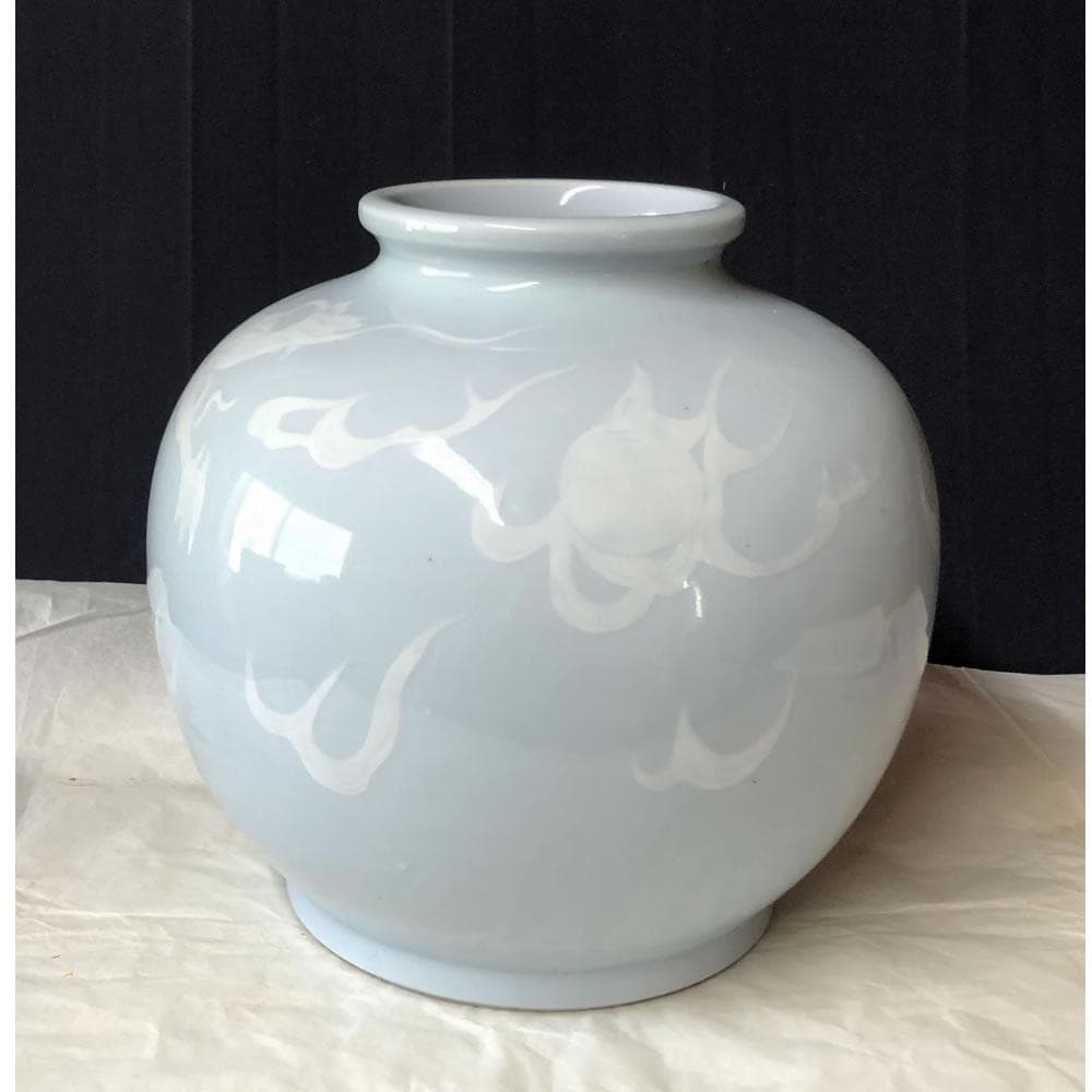 p001 京焼 青磁 龍紋 壺 渓山 銘 高さ22.5cm 壷 花器