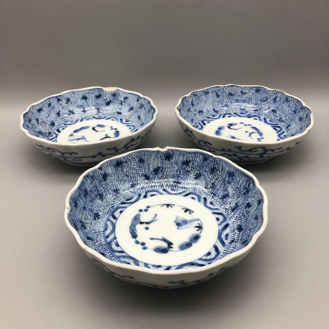 年代物希少古伊万里染付みじん唐草文なます皿 3枚15cm骨董品ビンテージ食器