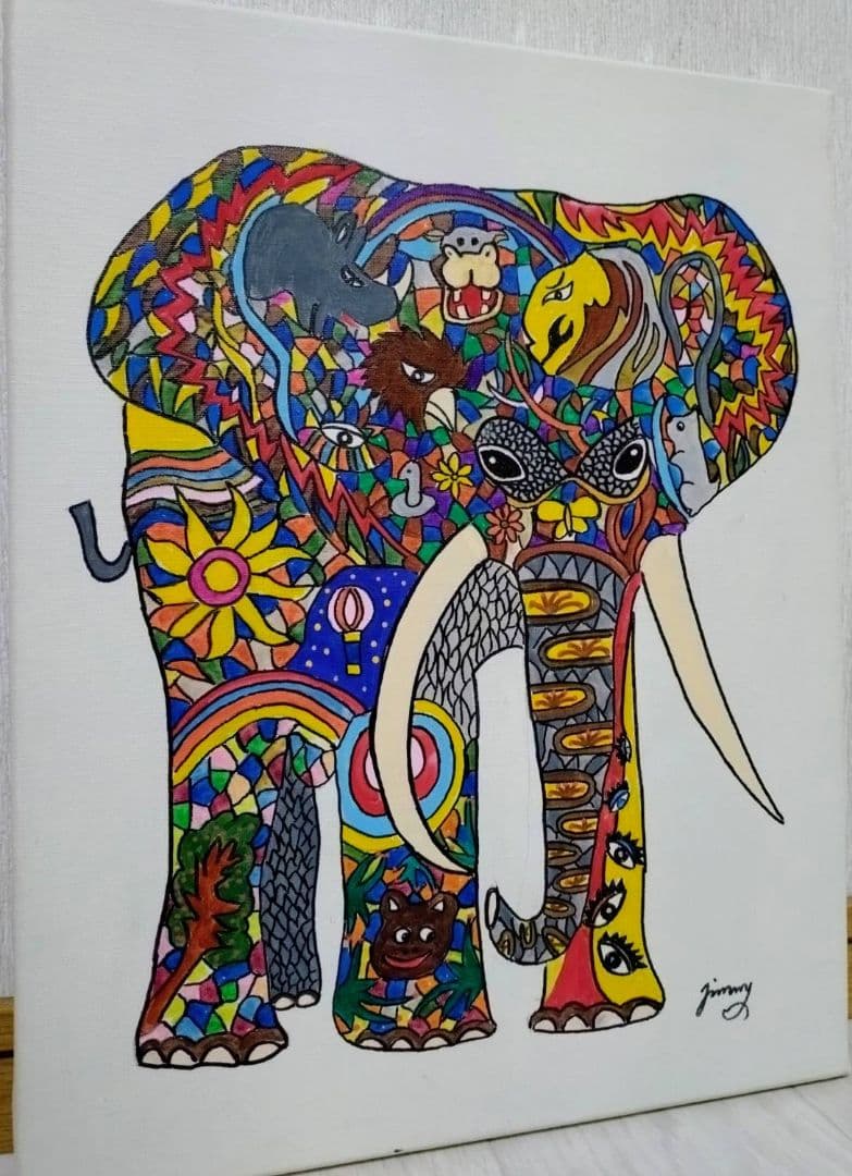 【F6号】ジミー大西【アフリカ】手描き作品/サイン有/油彩/アクリル/絵画/額縁