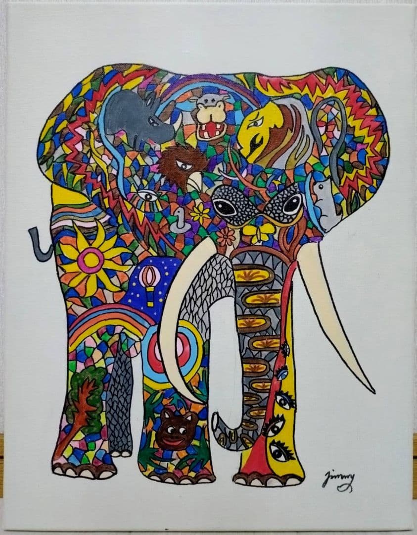 【F6号】ジミー大西【アフリカ】手描き作品/サイン有/油彩/アクリル/絵画/額縁