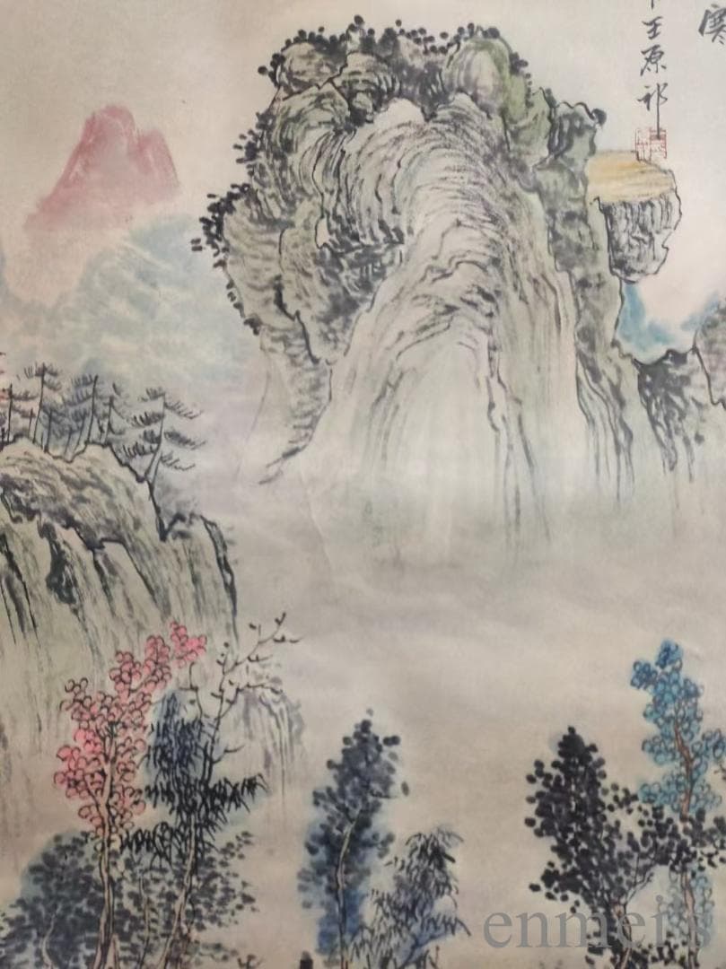 中国古美術.清時代.王原祁款.山水図.宣紙画.三尺手描き.水墨画.掛軸.詩文付き