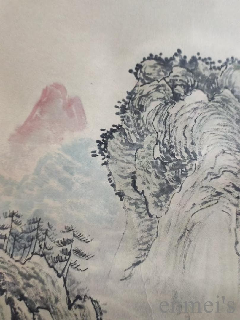 中国古美術.清時代.王原祁款.山水図.宣紙画.三尺手描き.水墨画.掛軸.詩文付き