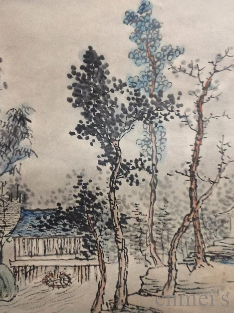 中国古美術.清時代.王原祁款.山水図.宣紙画.三尺手描き.水墨画.掛軸.詩文付き