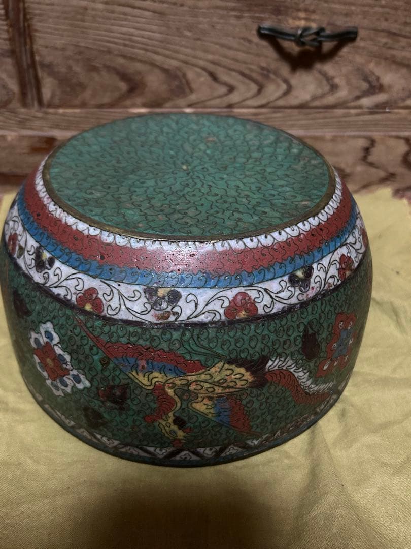 中国　明時代　花鳥文七宝　銅製　鉢　水指