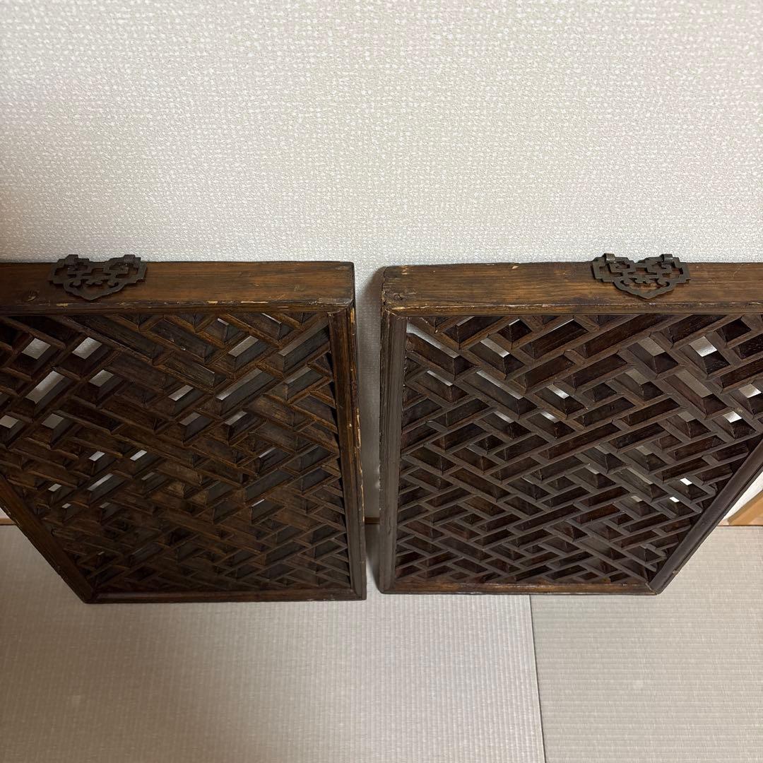 中国アンティーク☆木製建具☆シノワズリ☆欄間☆格子模様☆壁掛け装飾☆2枚セット