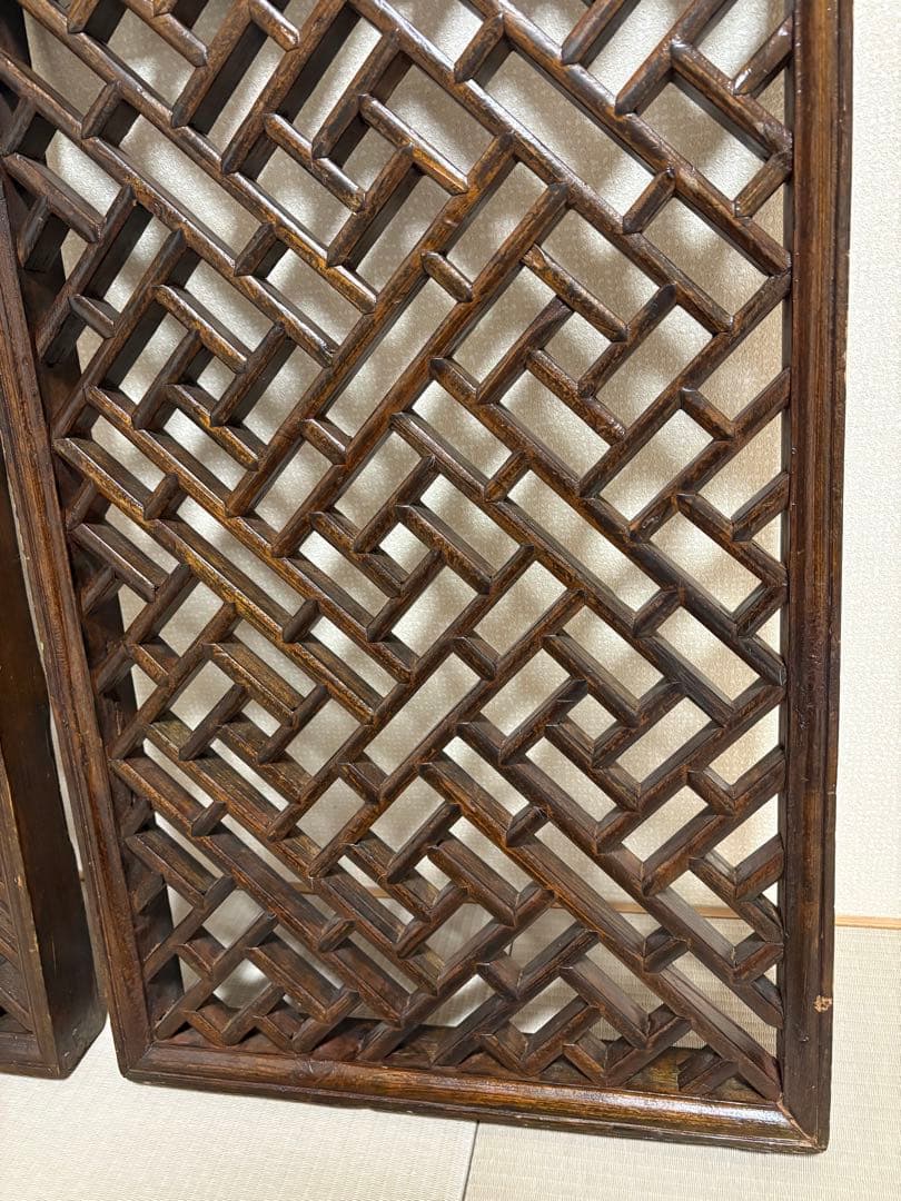 中国アンティーク☆木製建具☆シノワズリ☆欄間☆格子模様☆壁掛け装飾☆2枚セット