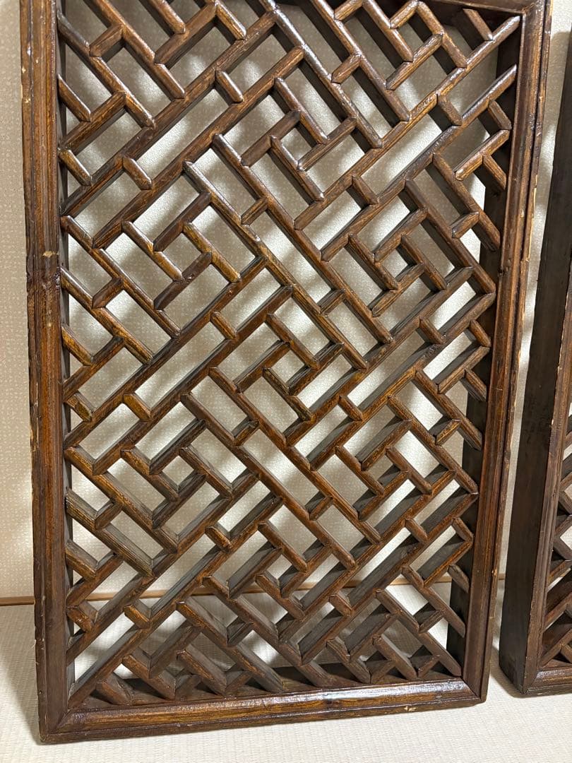 中国アンティーク☆木製建具☆シノワズリ☆欄間☆格子模様☆壁掛け装飾☆2枚セット