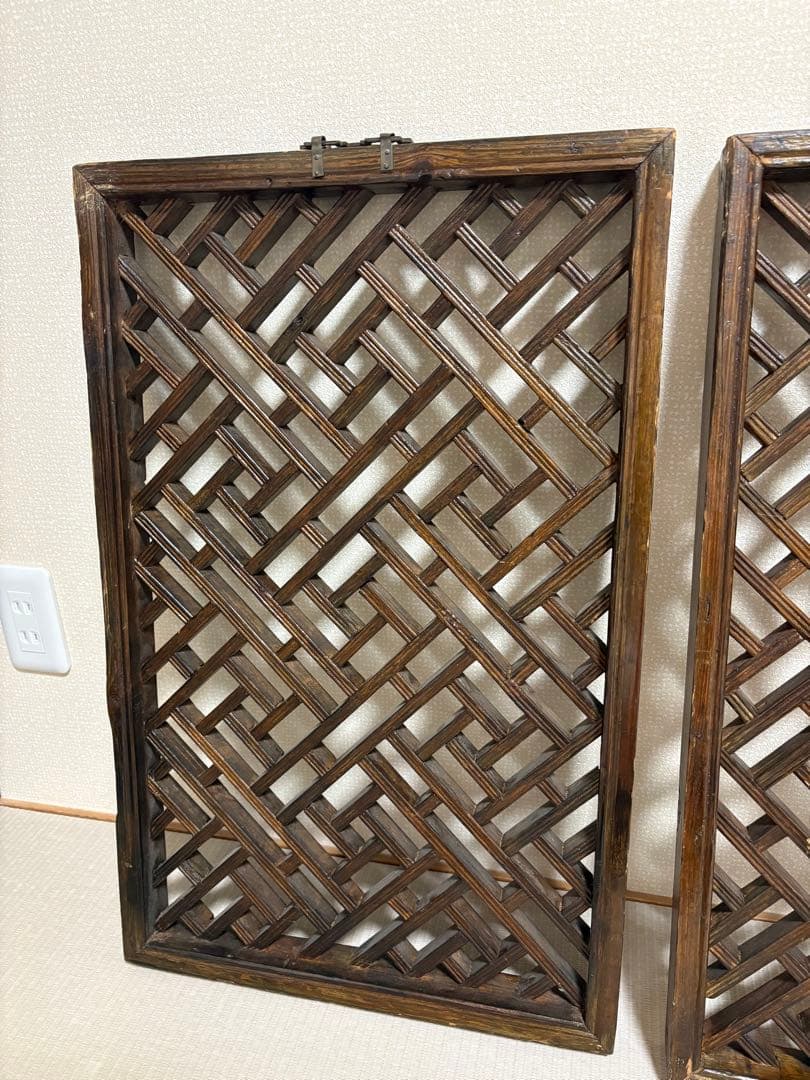 中国アンティーク☆木製建具☆シノワズリ☆欄間☆格子模様☆壁掛け装飾☆2枚セット