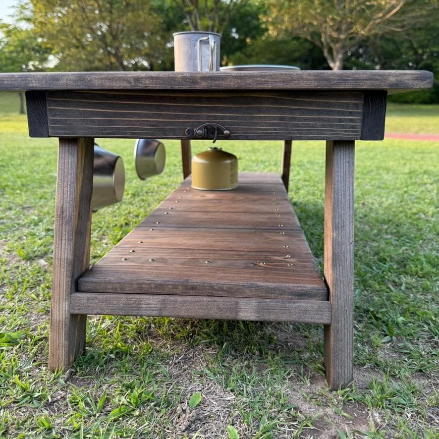 キャンプテーブル 折りたたみ 幅84cm ローテーブル室内兼用 アイアンバー付き