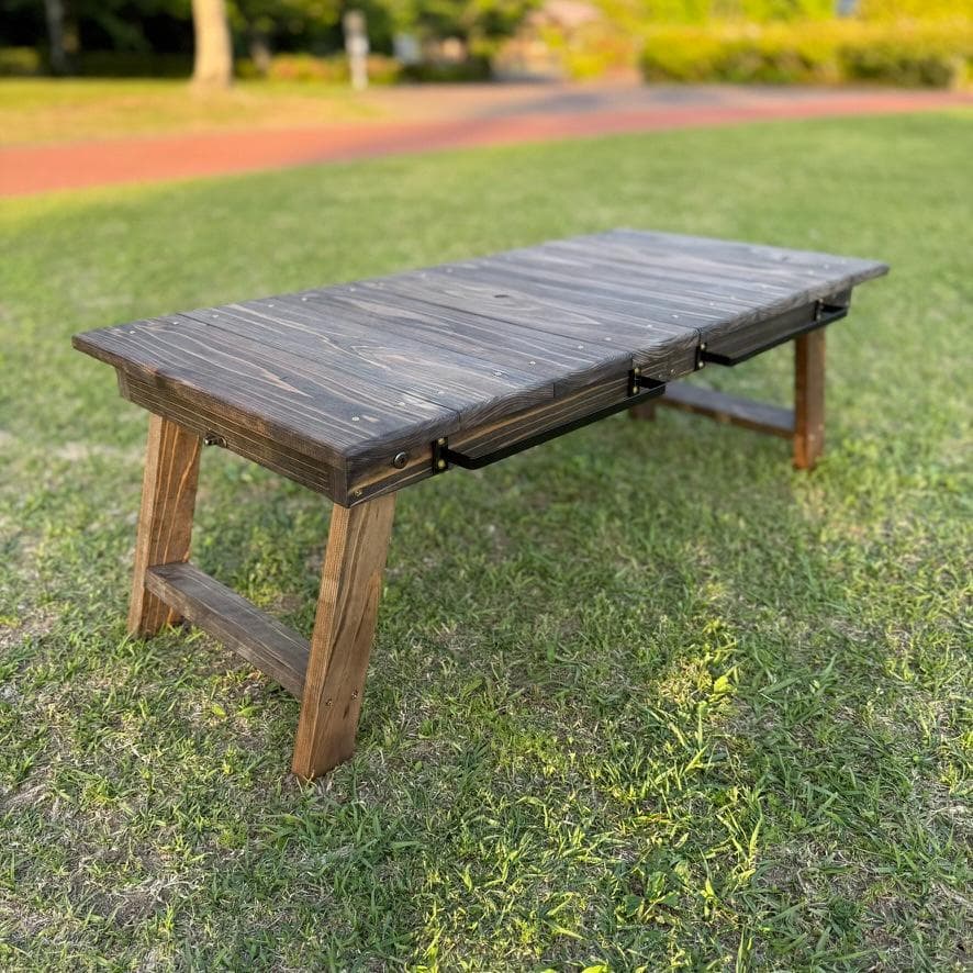 キャンプテーブル 折りたたみ 幅84cm ローテーブル室内兼用 アイアンバー付き