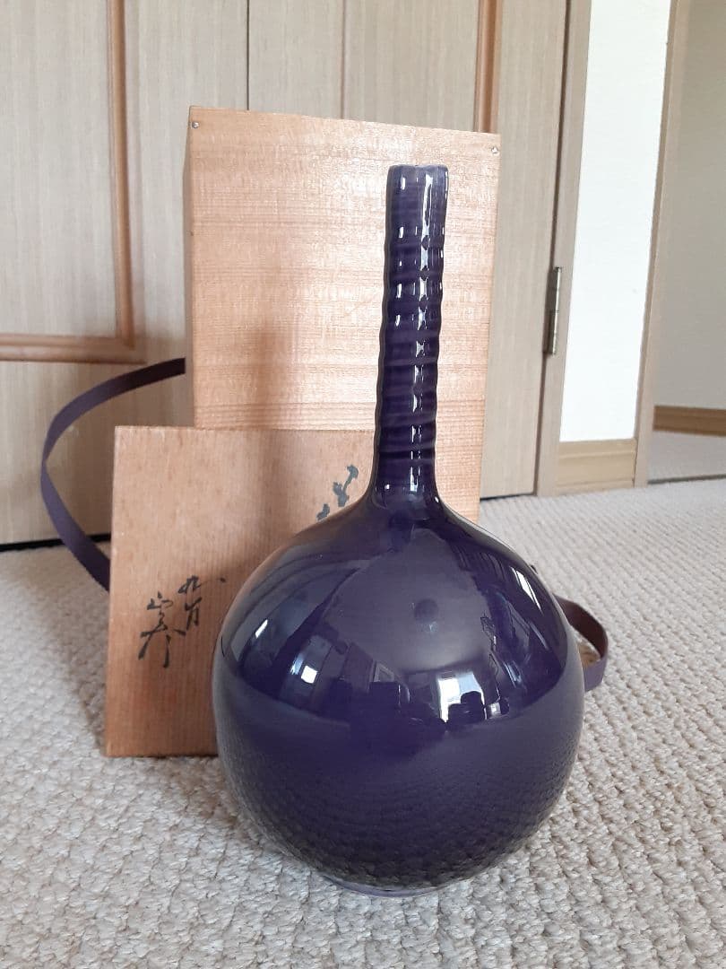 九谷焼人間国宝三代徳田八十吉の一輪挿花入/共箱付き濃紺瑠璃花瓶壺/茶華道