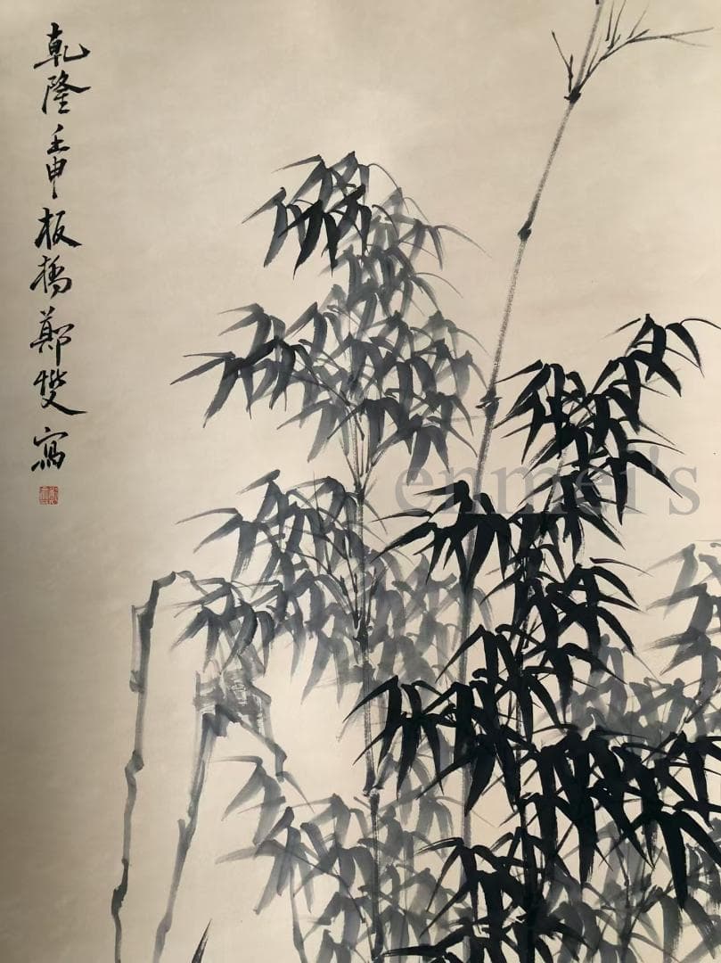 中国古美術・純手描き四尺竹の掛軸・水墨画・鄭板橋印款・文房置物・茶道・肉筆・書画