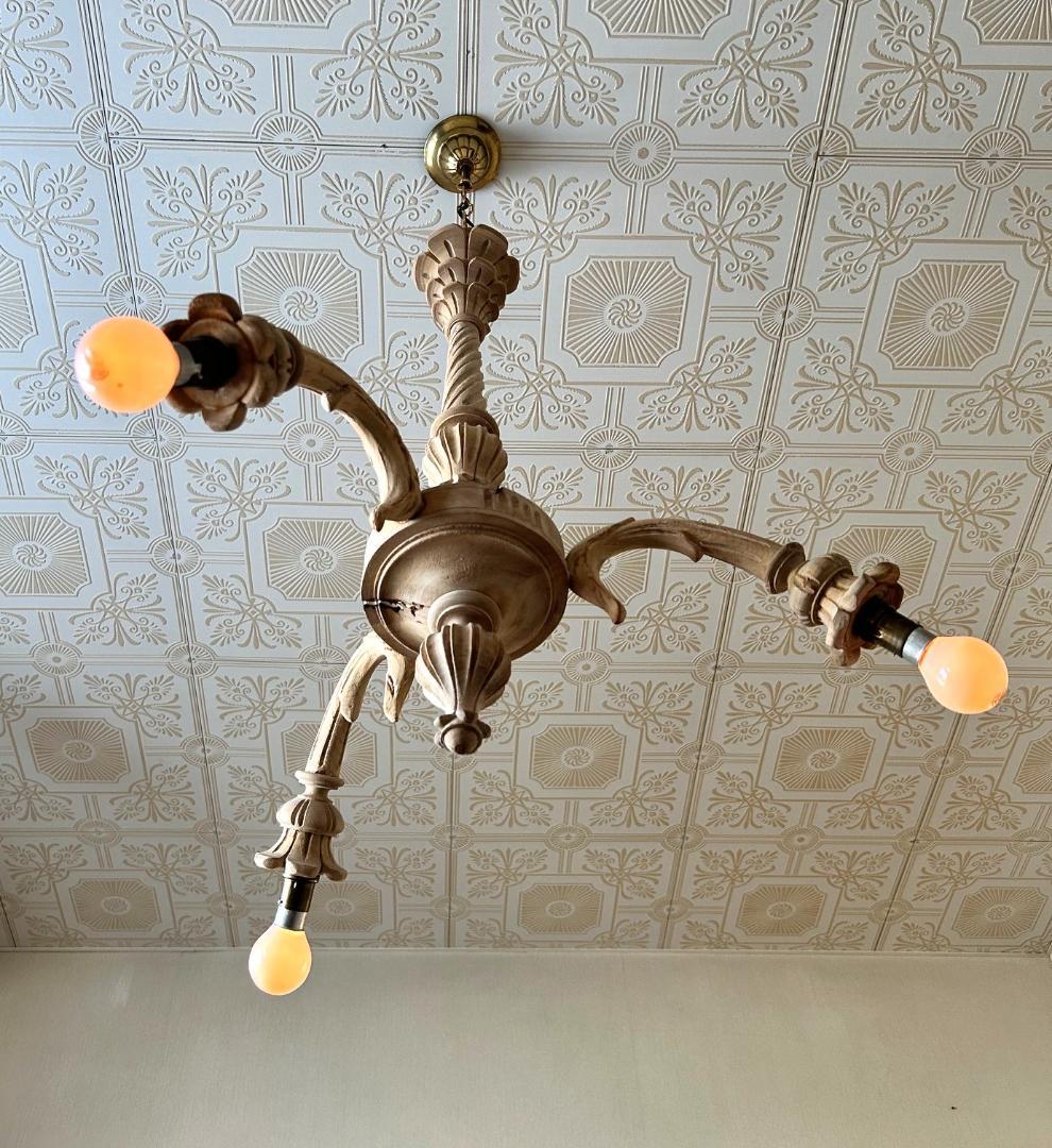 フランスアンティーク　木製シャンデリア　３灯　シャビー　店舗什器