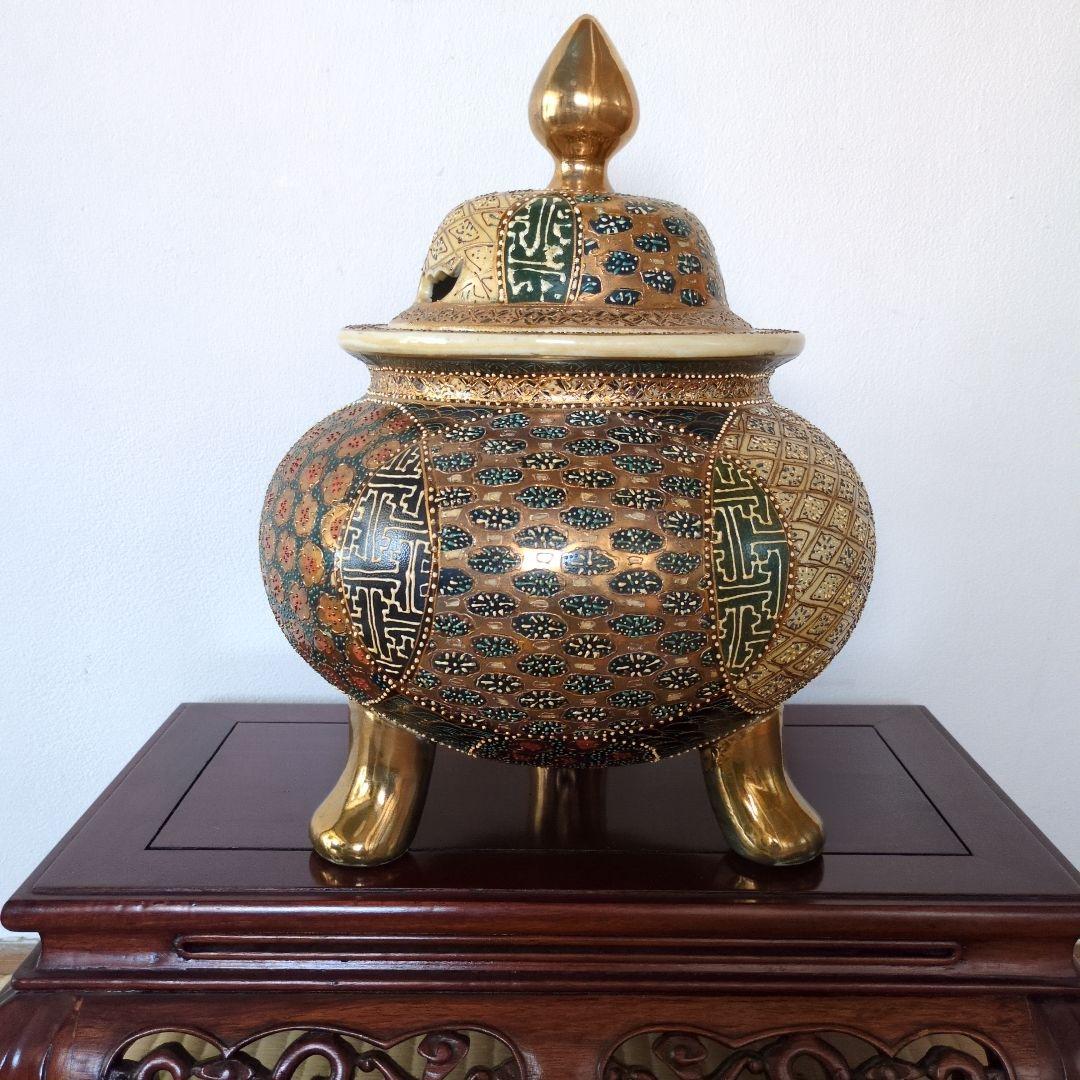 九谷焼 大香炉 三足 青粒 骨董 工芸品 古美術 アンティーク