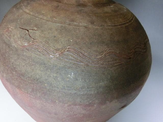 壷■古備前「堂」素焼き 箆目 古い花瓶花器 丸古壺 時代物 骨董品 古美術■