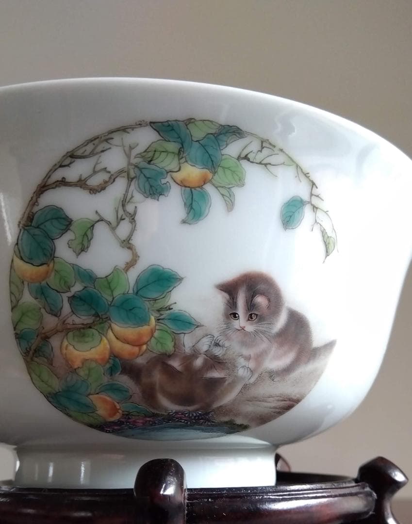 中國古陶磁器　景徳鎮窯　洪厚福先生：静遠堂製　微細描写猫４姿体椀