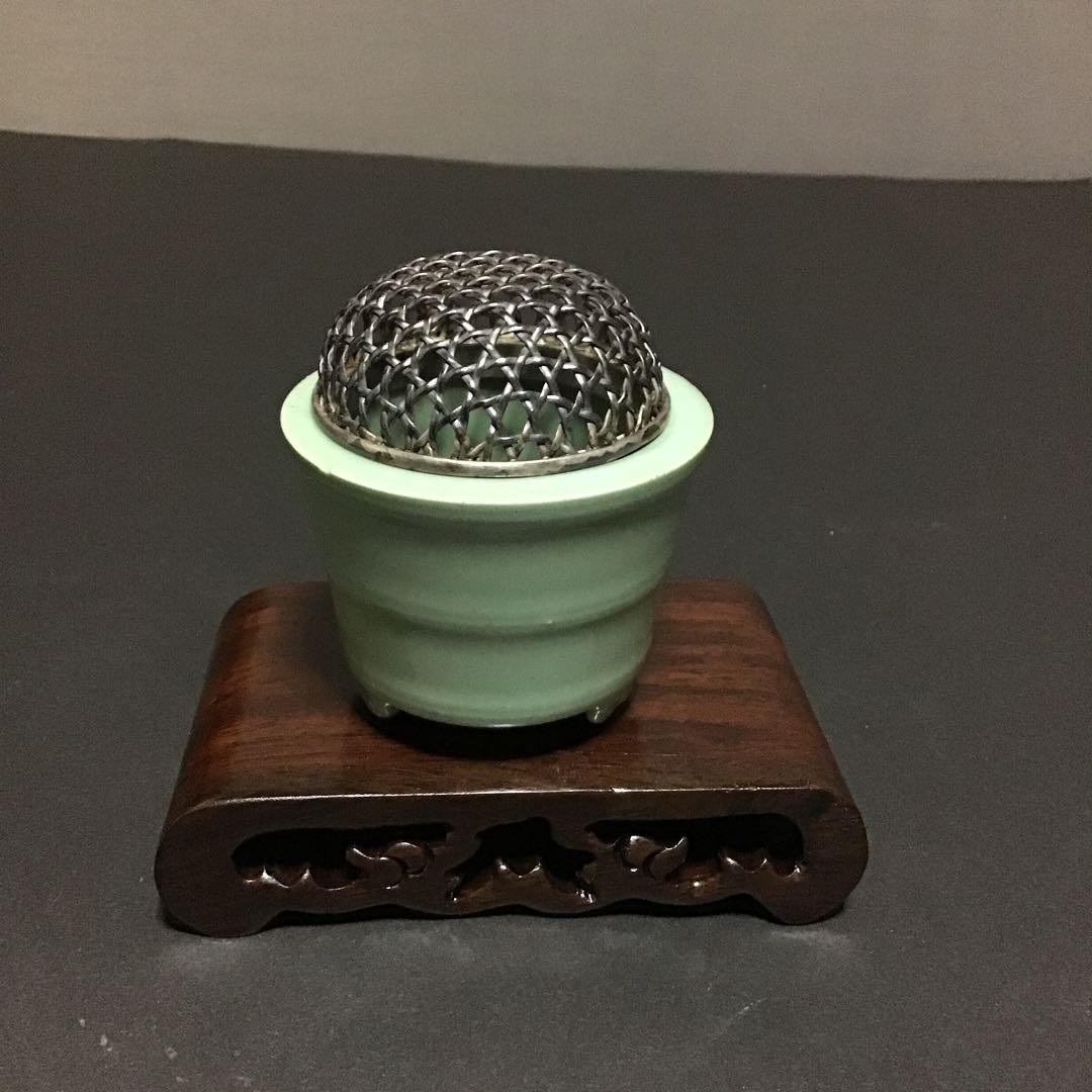 上村松篁(在銘)青磁銀火屋　香炉　台付　楽吉左衛門陶芸指導