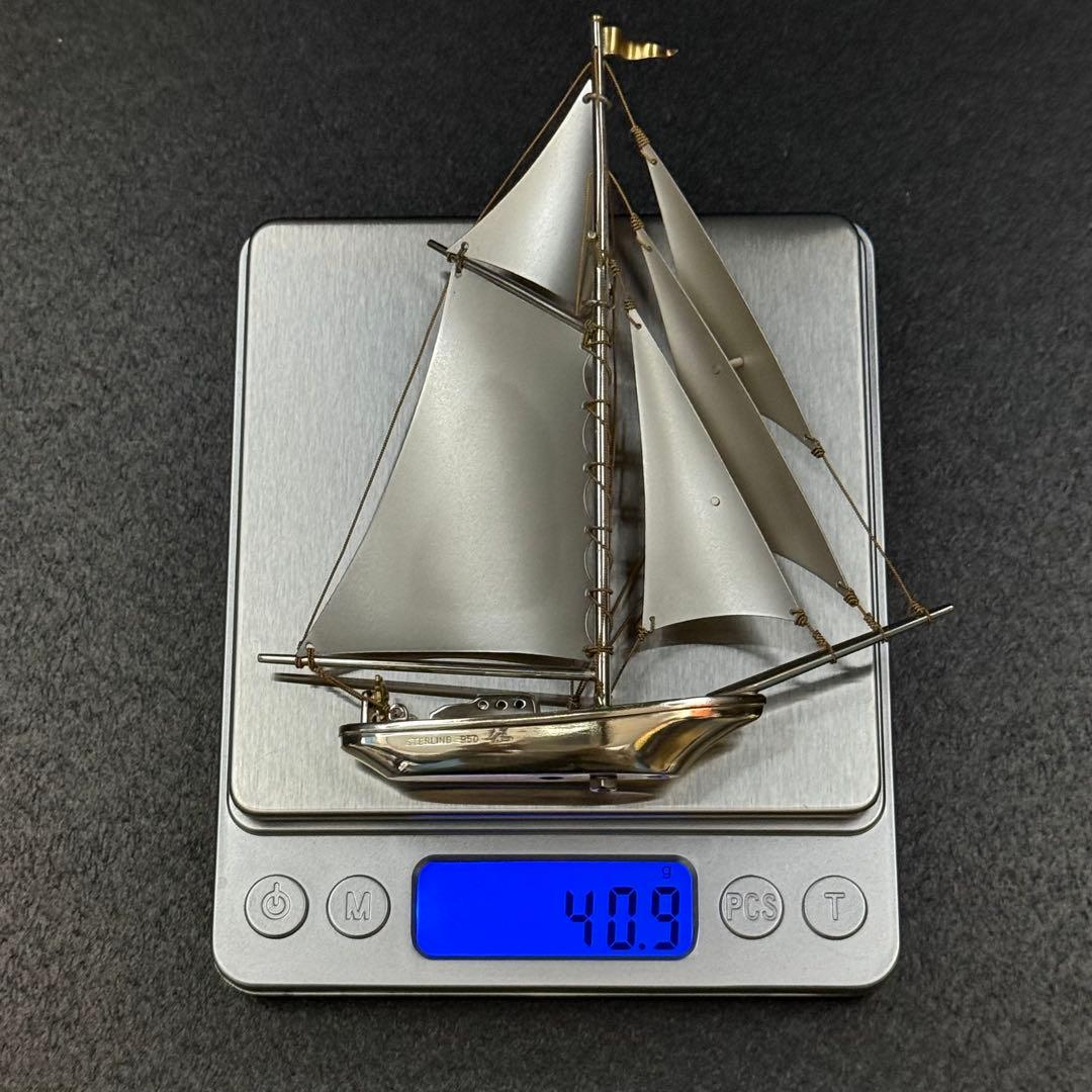 STERLING950　関製 銀製 帆船オブジェ ヨット模型 木製ケース付