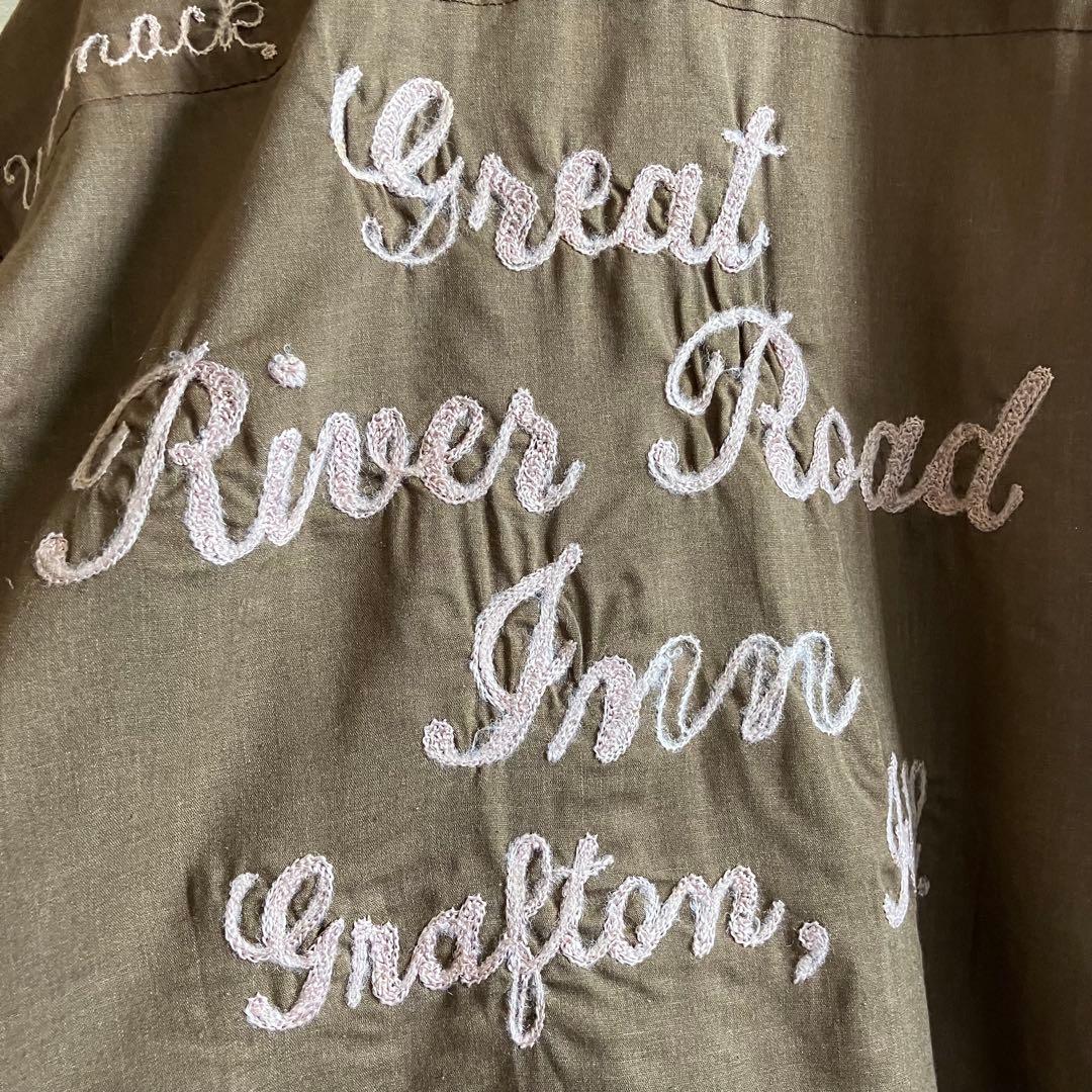 70's USA製 キングルイ チェーン刺繍 ボウリングシャツ 茶ベージュ L