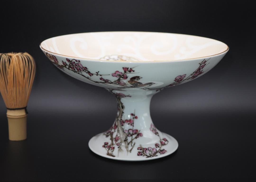 横浜焼 井村彦次郎作 金彩花鳥蝶風景図 高台皿  里帰り