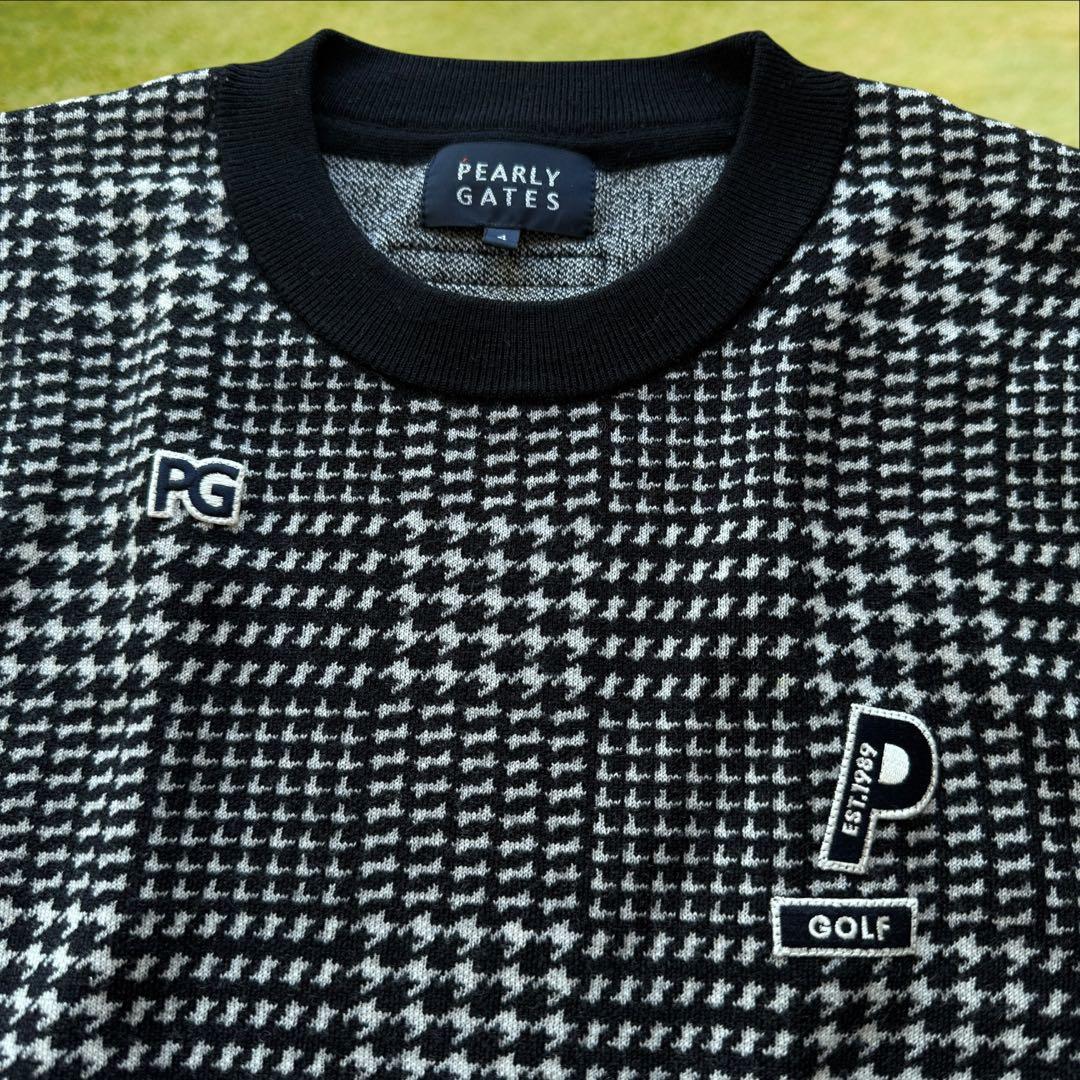 極美品　ウール100% パーリーゲイツ　ニット　M〜L相当　千鳥格子　黒　白　4