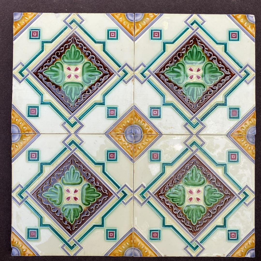 ハンドメイド日本製アンティークマジョリカタイル②４枚セット☆美の壷　プラナカン