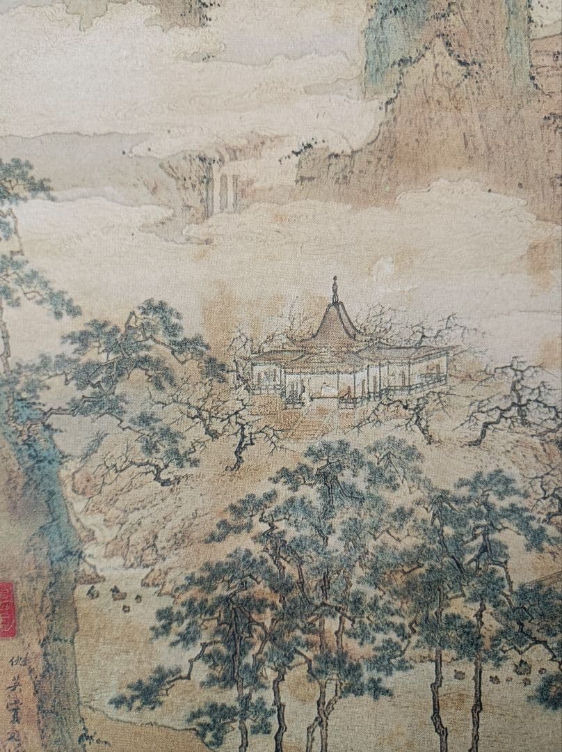 レア 仇英 軸 おもてなし 開運 絵 滝 山水 城 中国 美術 骨董 インテリア