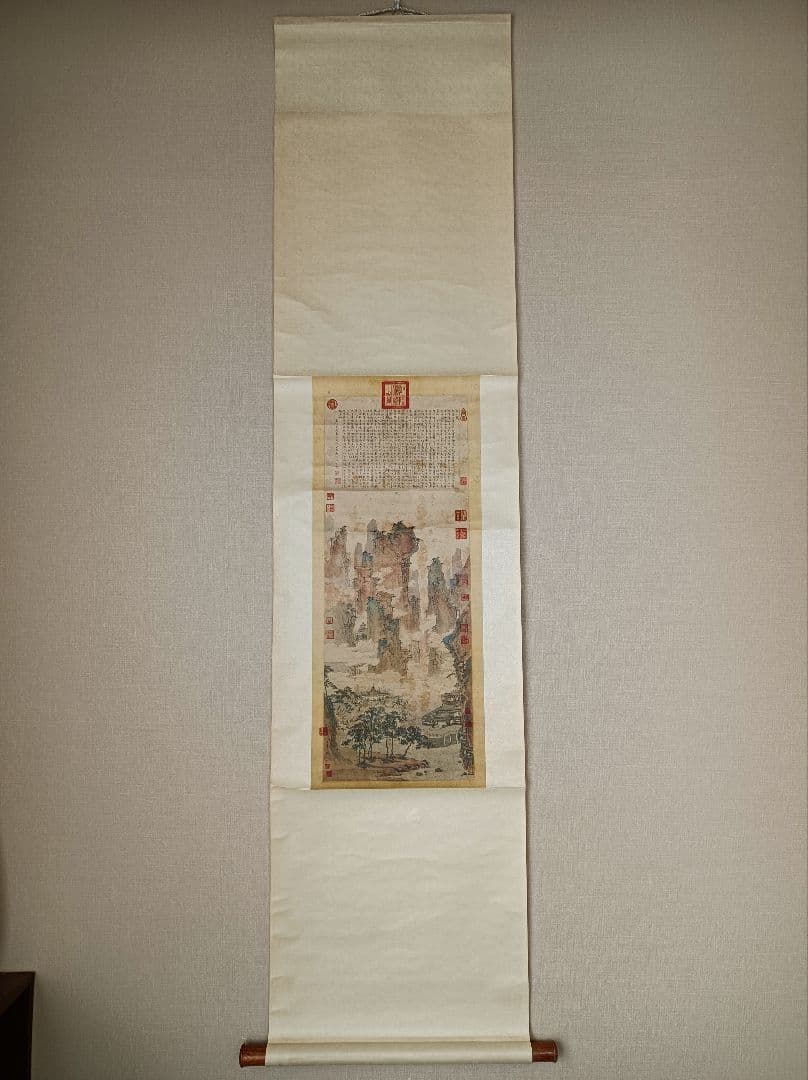 レア 仇英 軸 おもてなし 開運 絵 滝 山水 城 中国 美術 骨董 インテリア