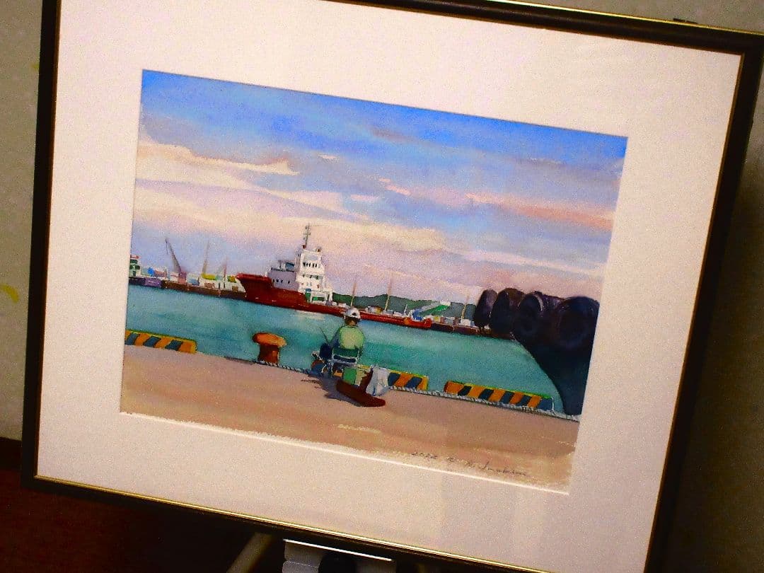 港の風景 水彩画 額装済み F6サイズ 原画