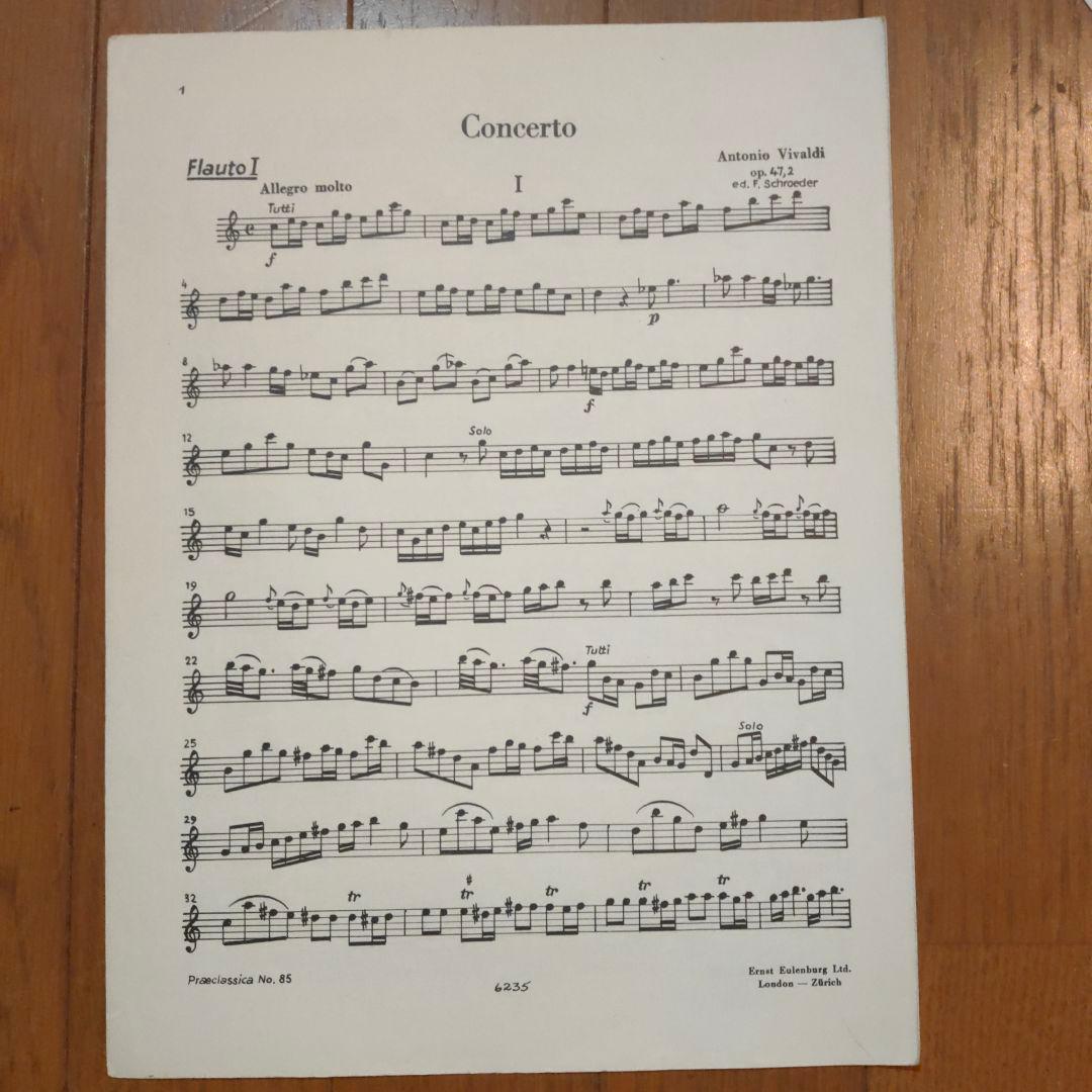 ビバルディ　二本のフルートのためのコンチェルト　フルート、チェンバロ、弦パート譜