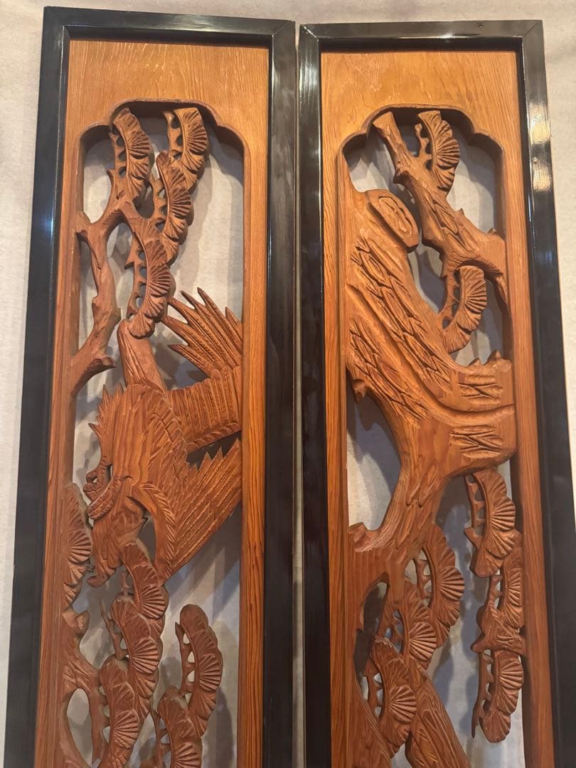 欄間 木彫り 彫刻 二枚組　松と鷲アンティーク