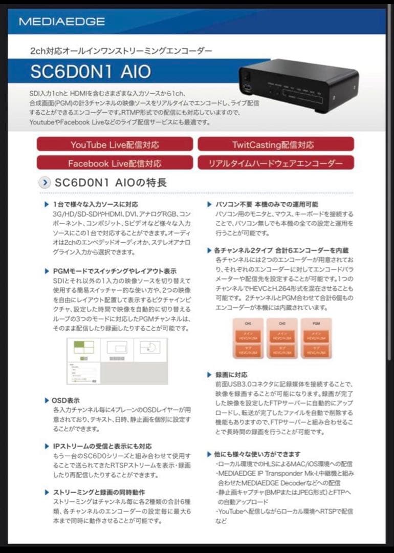 2ch対応オールインワン ストリーミングエンコーダー SC6D0N1 AIO