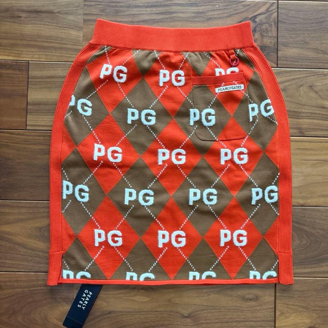 【新品】パーリーゲイツ　サイズ２　アーガイル柄＋モール ニットスカート　オレンジ