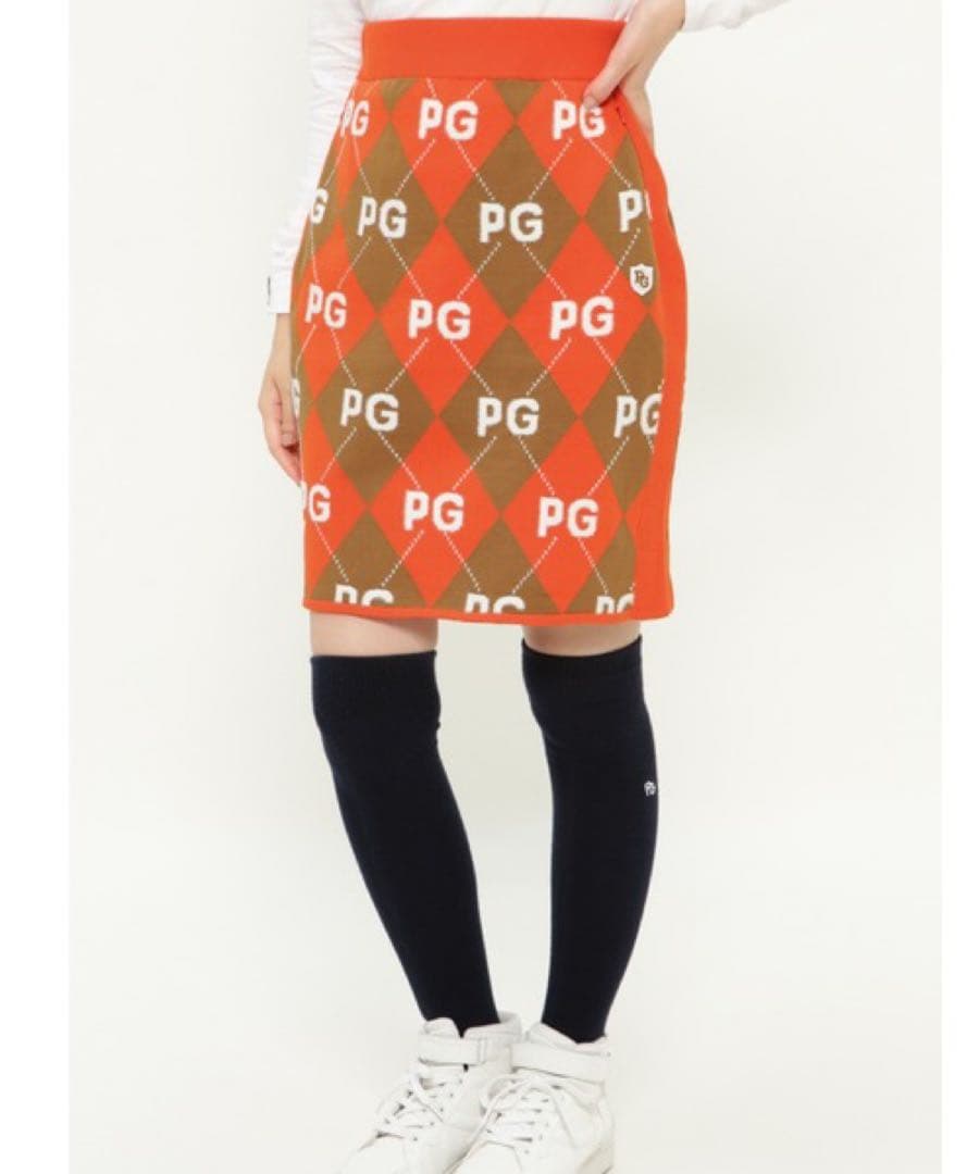【新品】パーリーゲイツ　サイズ２　アーガイル柄＋モール ニットスカート　オレンジ