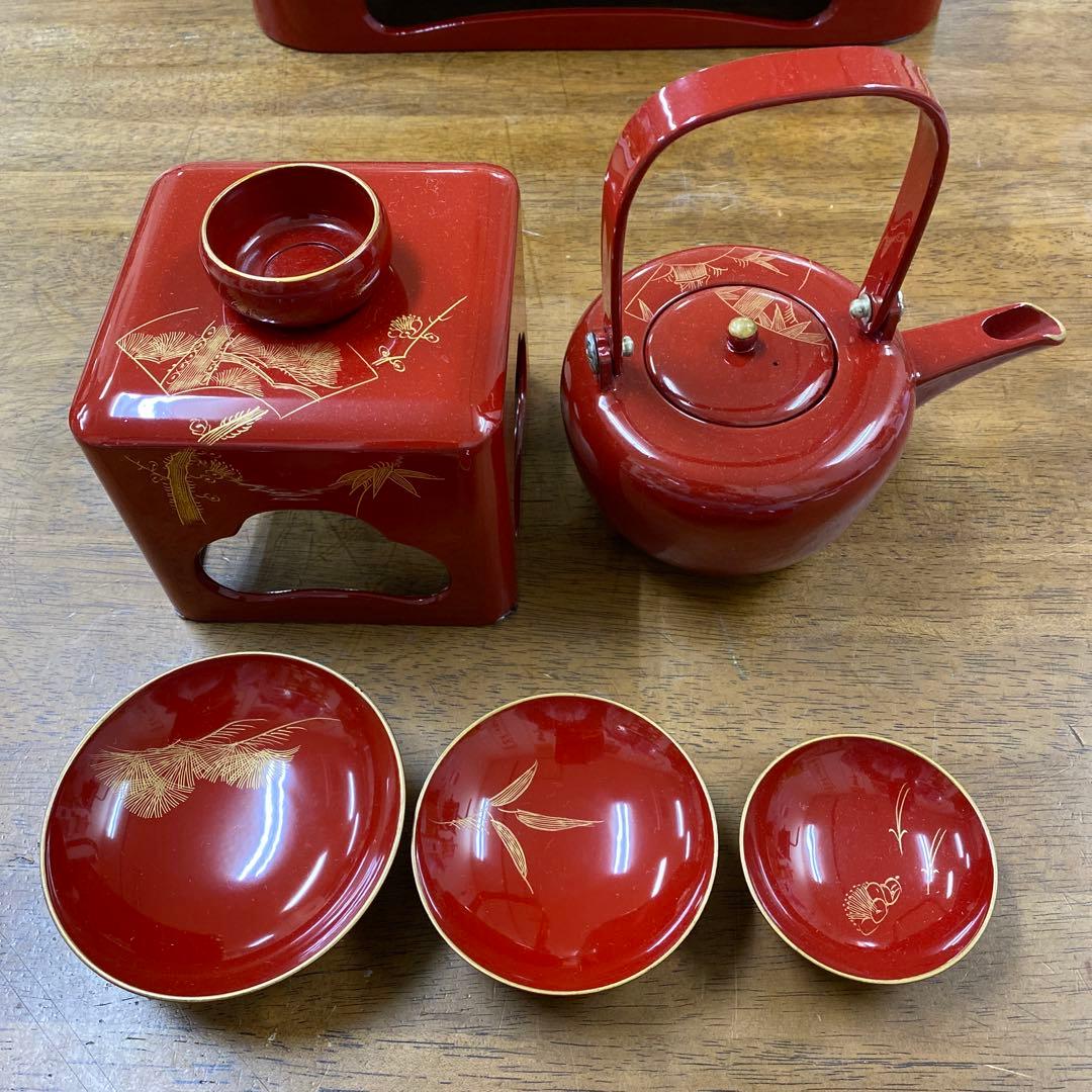 輪島塗四つ揃　木製朱塗沈金扇面蒔絵屠蘇器