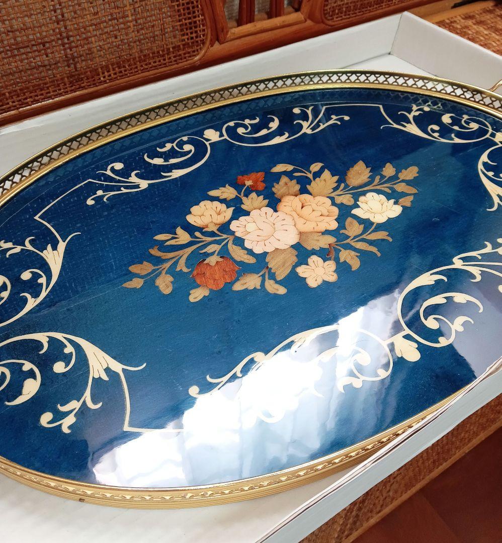 青い花柄の楕円形アンティークレトロトレイ おぼん