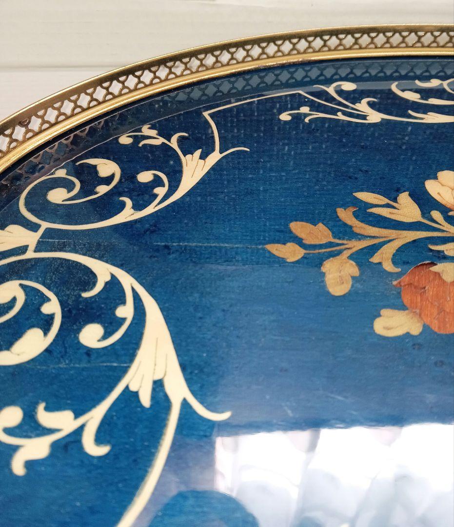 青い花柄の楕円形アンティークレトロトレイ おぼん