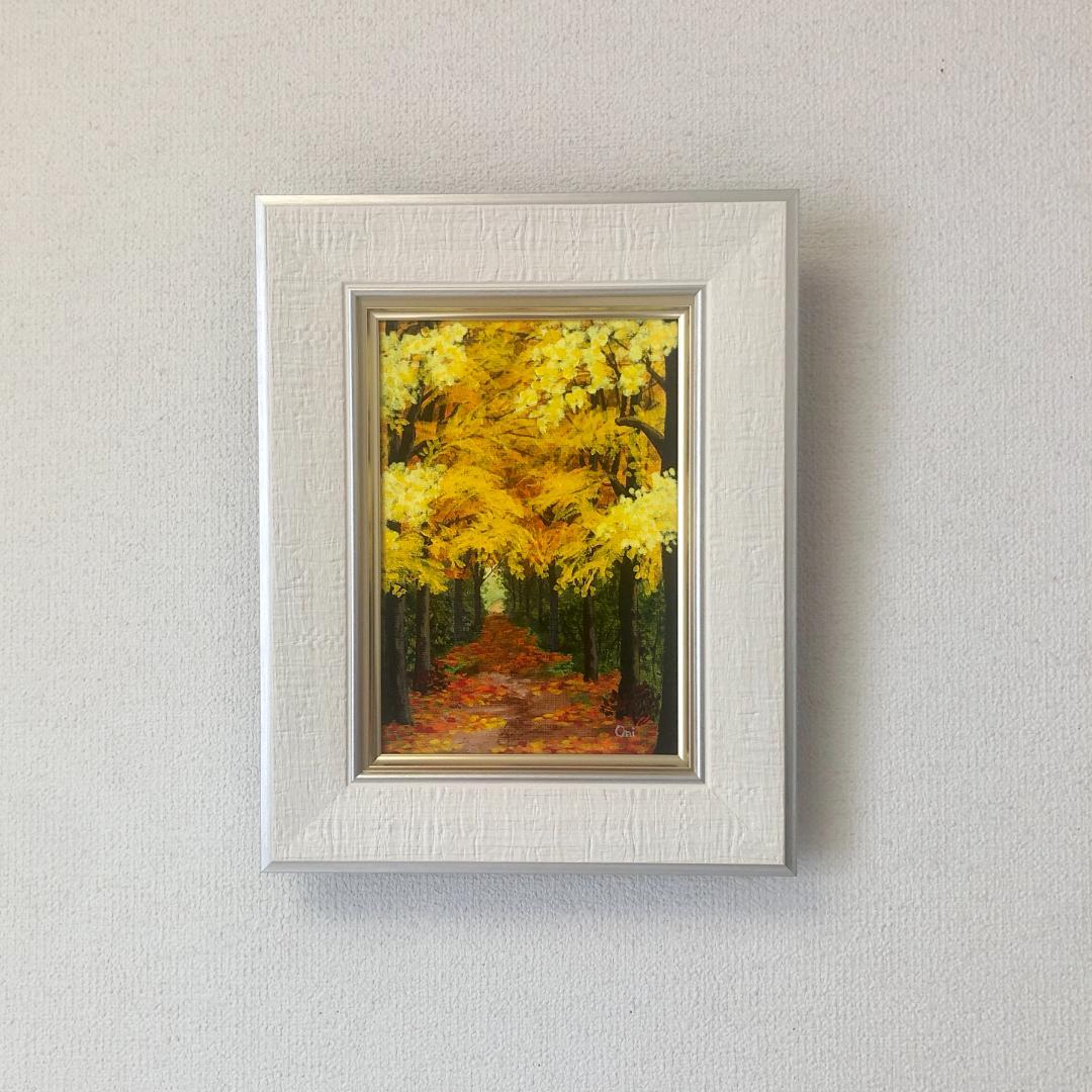 アクリル画　原画　「秋の小径」額縁付　SMサイズ　キャンバス　風景画