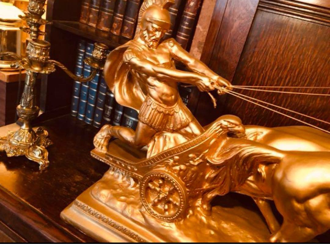 湯布院アンティーク 高級イタリア製 チャリオット 戦闘馬車 置物 ゴールド陶器