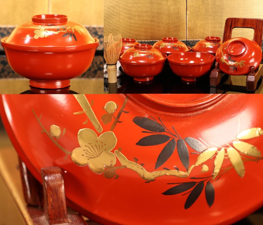 BK416　時代輪島塗　松竹梅図蒔絵　吸物椀　五客　木製　茶道具 懐石 会席